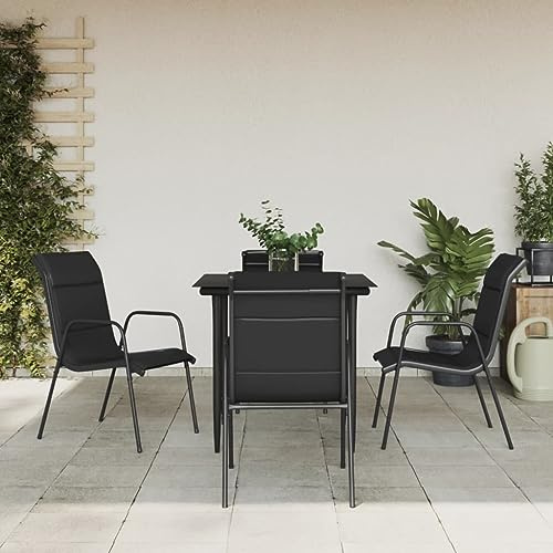 FWIKDUN Garten Essgruppe Schwarz Stahl Textilene mit gepolsterten Stühlen und Glas Tischplatte für Terrasse Außenbereich - Wetterfeste und Bequeme 5-TLG. Gartenmöbel Essgruppe