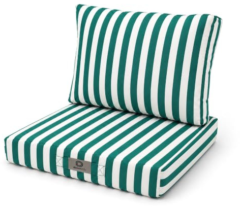 deco arts Sitzkissen Outdoor mit abnehmbarem Bezug – 2er Set XL für Gartenmöbel und Loungesessel – Sitz 70x60x8 cm + Rücken 70x35x15 cm – Grün Gestreift