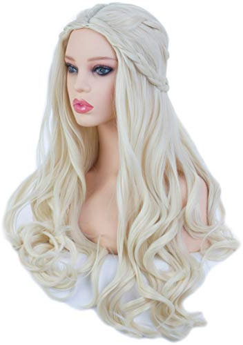 Angelaicos Lange gewellte blonde Damenperücke, Halloween, Kostüm, Cosplay, Party, Zöpfe, Perücken