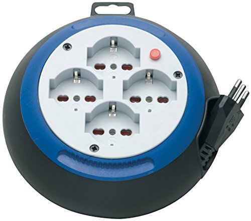 Prolunga Elettrica con Avvolgicavo Brennenstuhl 1100535 | Prolunga Elettrica 3 Metri Ultrapiatta e Pratica | 4 prese Polivalenti (10/16A + Schuko) | Altezza Solo 6cm | Diametro 18cm | Colore Nero/Blu
