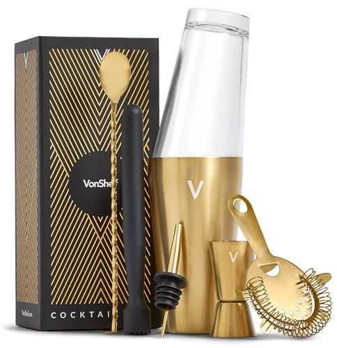 VonShef Cocktail Shaker Set, Gold 6pc Set with Boston Cocktail Shaker, Bartender Kit with Strainer, Muddler, Jigger & More, Gift Box Included