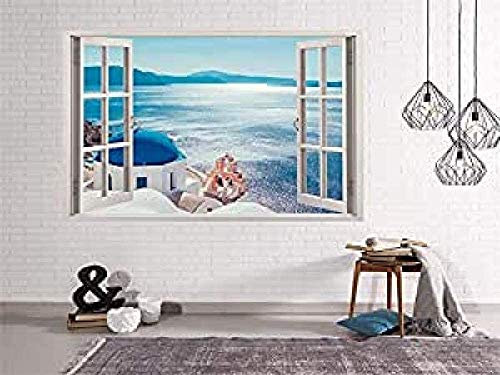 Oedim Vinilo Ventana Vistas al Mar Desde Grecia Adhesivo Incluido Decoracion Habitación Pegatina Adhesiva Multicolor 50x40 cm