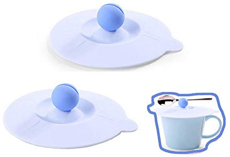 Skoveph Cute Anti-dust Silicone Glass Cup Cover Lids with Coffee Tea Spoon Holder [Set of 2] Airtight Seal Mug Suction Seal Lid Cap Cover (Blue, Large)