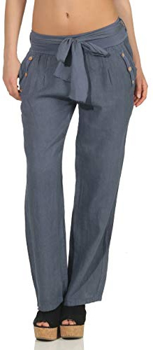 Malito Damen Hose aus Leinen - Stoffhose in Unifarben - atmungsaktive Freizeithose mit Gürtel - Chino 8174 - (Jeansblau, L)