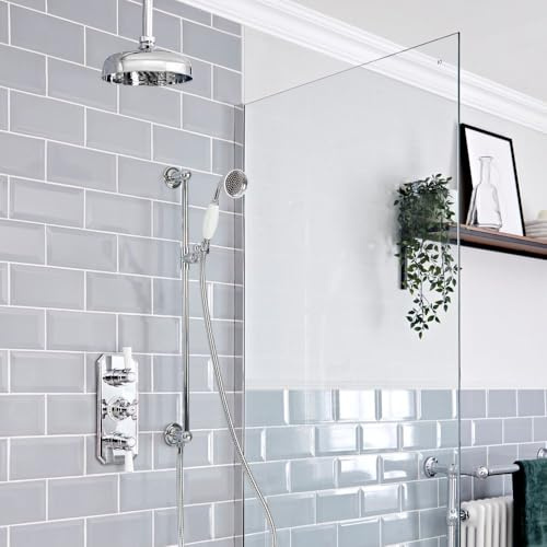 MILANO Mixer Valve 205mm Round Shower Head Riser Rail Chrome White