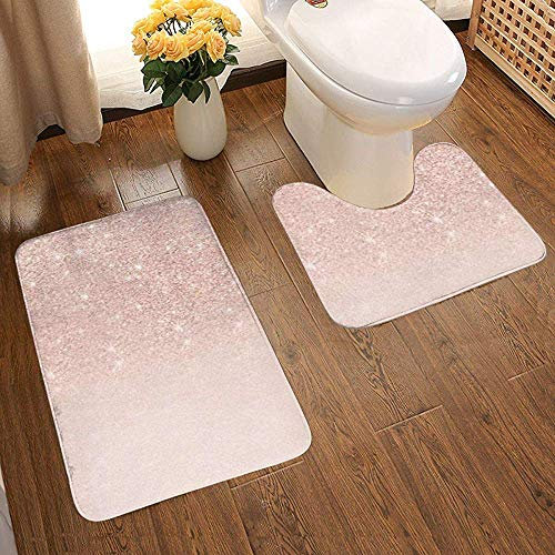 GABRI 2 Piece Bathroom Rug Set Rose Gold Faux Glitter Pink Ombre Non Slip Bath Mats Doormat and U-Shaped Toilet Mat