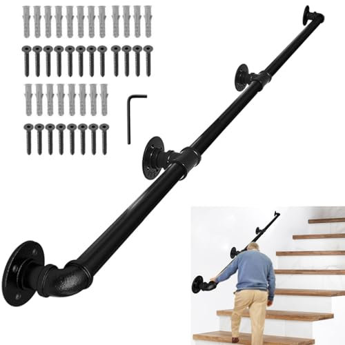 Lechansen Pasamanos De Escalera Para Interior Exterior, 3 m Barandilla Acero Inoxidable Industrial RúStico Negro Antideslizante De Pared De Hierro Forjado Pasamanos Barandilla De Pie De Escalera