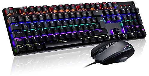 Teamwolf Mechanische Gaming-Tastatur mit RGB-Hintergrundbeleuchtung, 105 Tasten und Maus, 4800 DPI Professional Combo (blaue Schalter)