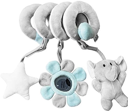 RAILONCH Aktivität-Spirale Kette, Tier/Stoff-Spirale zum Greifen und Fühlen für Bett, Kinderwagen, Laufgitter anpassbar, Für Babys und Kleinkinder ab 0+ Monate (Grauer Elefant)