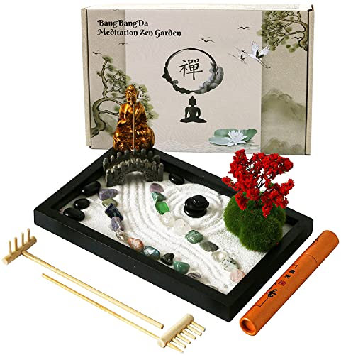 Mini Meditation Zen Garden Kit - Japanese Tabletop Rock Sand Chakra Buddha Garden Home Office Desk Decor Gifts for Father Mother Birthday - Sandbox w/Rake Tool Accessories