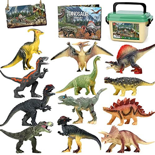 FRUSE Dinosaurier Spielzeug Set, 12 Stück Realistisches Figuren Spielset einschließlich T-Rex, Carnotaurus,Aufbewahrungsbox,Dino Buch,Dinosaurier Pädagogisches ab 3 4 5 6 7 8 Jahre