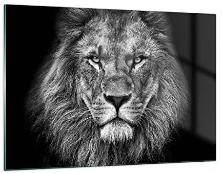 Deco Cadre Salon Portrait Lion Noir Et Blanc Moderne Impression sur Verre 120x80cm Image Tableau en Verre Decoration Murale Chambre Horizontal Art Grand XXL Tableaux Decoratifs Muraux GAA120x80-4494