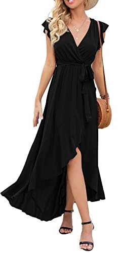 GRECERELLE Womens Summer Maxi Dress Boho Floral Cocktail Wrap Dresses V Neck Casual Party Bohemian Flowy Long Dress for Ladies (Black, XL)