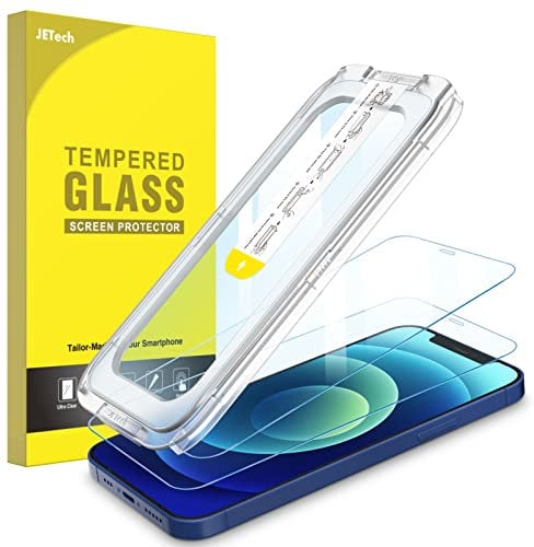 JETech Protector de Pantalla Instalación con Una Toque para iPhone 12/12 Pro 6,1 Pulgadas, Cristal Vidrio Templado de Cobertura Completo, Auto Alineación Herramienta Kit, 2 Unidades