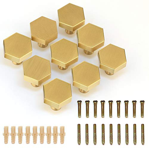 EVERGD 27mm Pure Copper Handle Shell Brass Gold Wardrobe Kitchen Cabinet Door Knobs Drawer Cupboard Hardware Pull Handle Clothes Coat Hook Modern Simple (9, Gold-Hexagon)