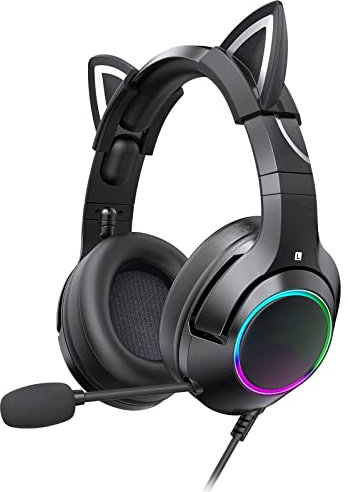 Cuffie da gioco con orecchie di gatto, 7.1 Surround Sound Computer Gaming Cuffia, auricolari staccabili per la riduzione del rumore da 3,5 mm, per PS4, PS5, Xbox One, PC, telefoni cellulari