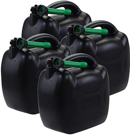 4x Benzinkanister 20L schwarz Kunststoff mit Einfüllschlauch grün, UN-Zulassung