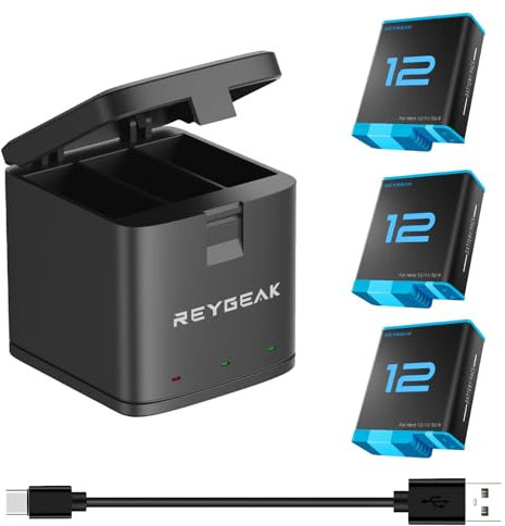 REYGEAK Hero 12/Hero 11 Akku Hero 10/9 Akku und 3-Kanal LED Ladegerät ,Akkus für GoPro Hero 12/11/10/9 Black,ladegerät für Hero 12/11/10/9 Black (Ladegerät + 3 x Akkus)