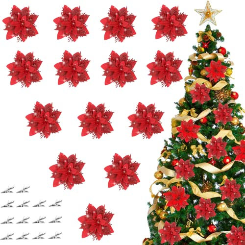 HautStore 14pcs-Weihnachtsdekoration Blume,Glitzer künstliche Weihnachtsdekoration,5.5in * 5.5in, Weihnachtsblume dekorative Blumen,für Weihnachten,Weihnachtsbaum,Hochzeitsfeier DIY Dekoration (rot)