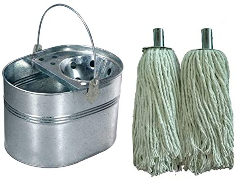 Best House 15 Litres Heavy Duty Industrial Galvanized Steel Metal Mop Bucket + 2 PCS Cotton 16 Ply Metal Socket Mop Head - 250gm, For Home Office Commercial Use Mop Heads