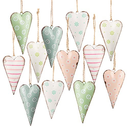 Logbuch-Verlag 12 Herz Anhänger Herzen aus Metall 8 cm Deko zum Aufhängen Ostern Pastellfarben rosa weiß Mint türkis