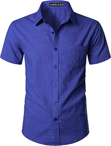 PARKLEES Chemise décontractée à manches courtes en coton et lin pour homme avec poche, Bleu roi pur, 3XL