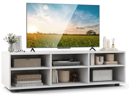 Multigot TV Stand for TVs up to 40/55, Wooden TV Console Table with 4/6 Storage Compartments, 3-Tier Media Console Unit Entertainment Centre for Living Room (White, 6 Cubes-115 x 39 x 34cm)