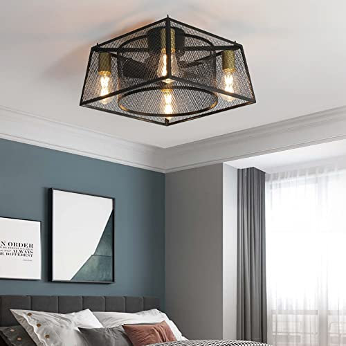 Ceiling Fan with Light Industrial Bladeless Ceiling Fan with Lights Farmhouse Cage Fandelier with Remote Control Vintage Indoor Chandelier Fan (C45*45 * 30cm E27)