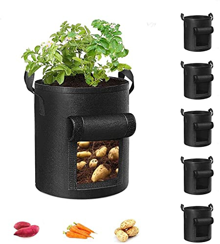 Ulalaza 5er-Pack 10 Gallonen Kartoffel-Anbaubeutel mit Klappe für Gartenpflanzen, Gemüse-, Tomaten- und Obst-Pflanztöpfe im Freien, 40 cm Durchmesser, 30 cm Höhe