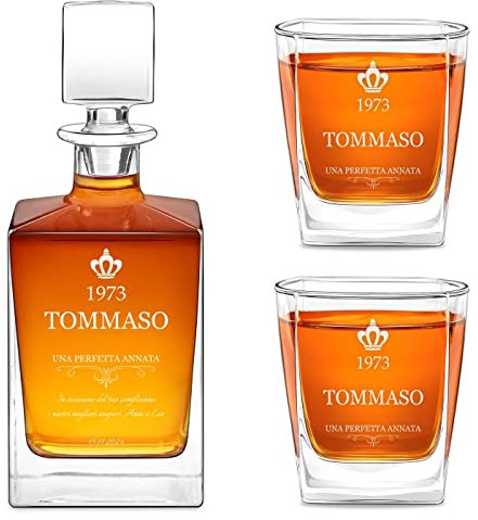 Maverton set Caraffa da whisky e cognac + 2/4/ 6 bicchieri - con incisione personalizzata - Decanter in vetro per whiskey da 0,81 L - Bottiglia per compleanno - pensiero per papà - perfetta annata