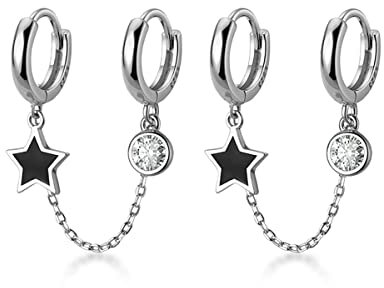 SLUYNZ 925 Sterling Silber Schwarz Stern Doppel Creolen Ohrringe Kette für Frauen Damen - CZ Doppel Piercing Huggie (Silber)