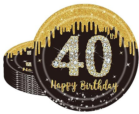 POPOYU 16 Stück Schwarz und Gold Pappteller 40. Geburtstag Party Tischdeko 22.86cm Pappteller Hochwertige Papptelle für Mann Frau Geburtstag Party Deko Partyzubehör zum Thema Schwarz Gold