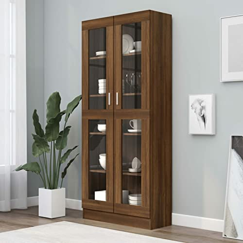 Festnight Vitrinenschrank Wohnzimmer Braune Eiche Bücherschrank Mehrzweckschrank Wohnzimmerschrank Vorratsschrank, Glasvitrine, Standvitrine 82.5 x 30.5 x 185.5 cm Holzwerkstoff,Reichlich Stauraum