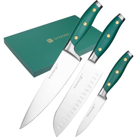 linoroso 3-teiliges Küchenmesser Set Gemüsemesser Kochmesser Santokumesser aus Deutschem Kohlenstoffstahl Ergonomischer Grün Griff mit Eleganter Geschenkbox
