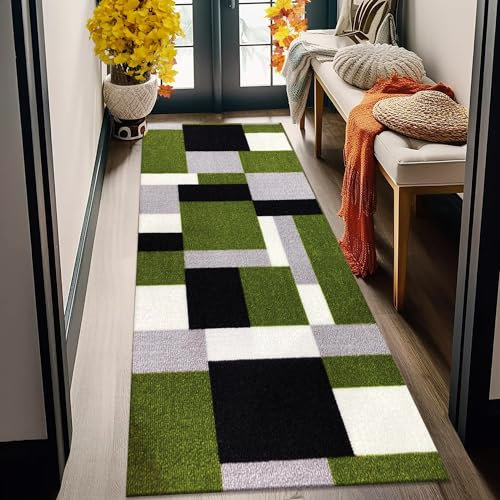 Fit Even Kilas Runner Rug – Washable Hallway Carpet Runners, Non-Slip Floor Mats for Kitchen, Living Room, Corridor, Entryway, Door Entrances (Green Black, 60 x 220 cm)
