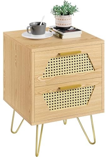 Yaheetech Nachttisch Nachtschrank mit 2 Schubladen Rattan-Design Beistelltisch Nachtkonsole Nachtkommode Metallbeine Schrank Kommode für Schlafzimmer/Wohnzimmer, Hellbraun