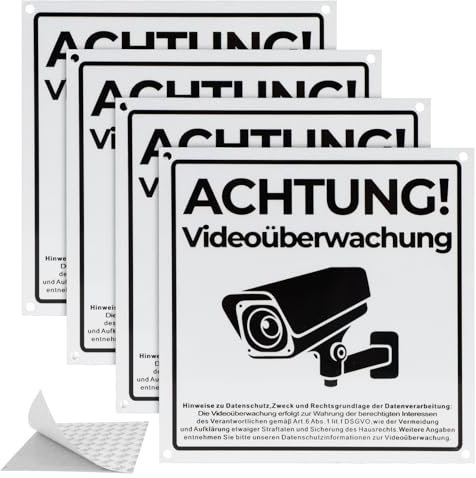 Realjoy 4 Stück Achtung Videoüberwachung Schild, 15 x 15 cm Videoüberwachung Privatgrundstück mit DSGVO Hinweis, Klein Aluminium Vorsicht Kamera überwachung Schild Selbstklebend,Warnschild