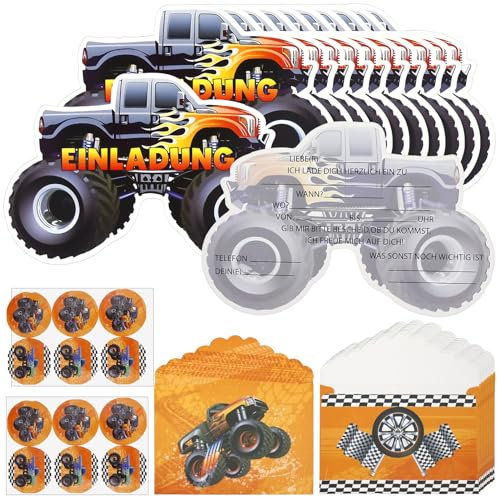 SHOWHEEL 12×Truck Einladungskarten Kindergeburtstag, Truck Party Einladung Deutsch mit Umschläge, Einladungskarten Geburtstag Truck, Einladungskarten Kindergeburtstag Junge Orange