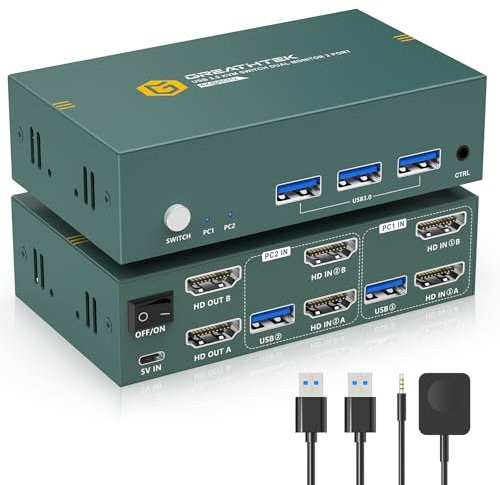 USB3.0 HDMI KVM Switch 2 PC 2 Monitore 4K@60Hz, HDMI 2.0, HDCP2.2, Adaptiver EDID, with Desktop Controller, GREATHTEK 2 PC 2 Monitor Switch mit 3 USB 3.0 Port, Kvm Switch Quick Switching