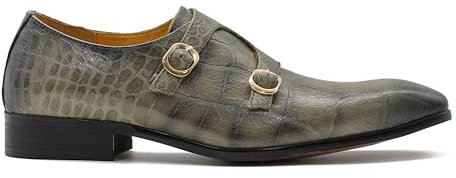 Xposed Graue Herren-Schuhe mit doppeltem Monk-Riemen, Party-Loafer aus echtem Leder mit Kroko-Print [W207-N2-GREY-42EU,8UK]