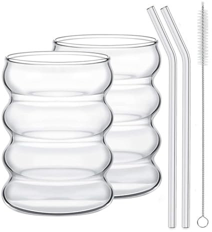 Paquete de 2/4 Vasos para Beber, Tazas con Pajitas de Vidrio, Vasos de Café Helado Acanalados, Vasos de Vidrio con Burbujas en Forma de Onda Creativa, Juego de Cristal Vintage para(2 piezas)