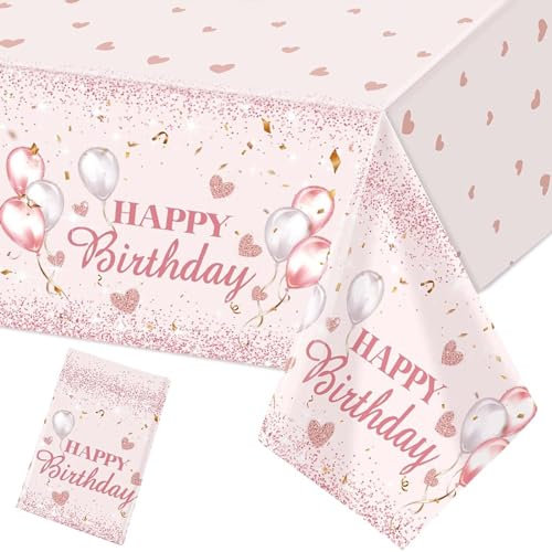 Rosa Geburtstag Tischdecke 137x274cm Happy Birthday Tischdecken Rosa Ballon Geburtstag Tischdecke Wasserdicht Tischtuch für Mädchen Kindern Baby Shower Party Deko Garten Picknick