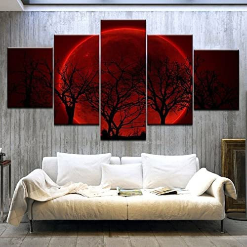 5 Stück Canvas Wandkunst Modern 5 Stück Roter Vollmond Toter Baum Canvas Home Deko Kunst Wanddruck Modulares Bild,Kinderzimmer Gedruckte Wand Leinwand Deko (Xxl/Ohne Rahmen 200 X 100 Cm) -1F9P/T4B7