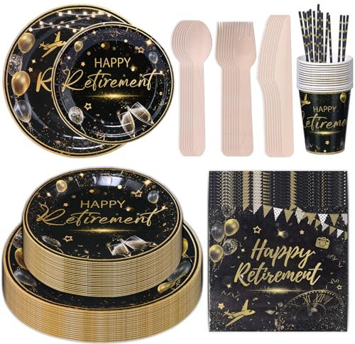 CEILIWEN 201PCS Happy Retirement Party Supplies Set for Farewell Party, Retirement Paper Plates and Napkins, Black and Gold Party Tableware for Men Women Say Goodbye Party, Severs 25