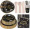 CEILIWEN 201PCS Happy Retirement Party Supplies Set for Farewell Party, Retirement Paper Plates and Napkins, Black and Gold Party Tableware for Men Women Say Goodbye Party, Severs 25