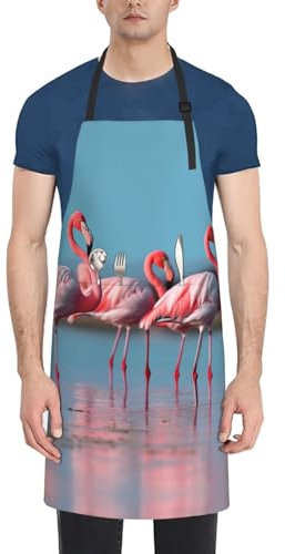 KWQDOZF Schürze mit Flamingos in der Nähe von Wasser, wasserdichte Kochschürze für die Küche mit Tasche und verstellbarem Halsdesign, 28 x 33 Zoll