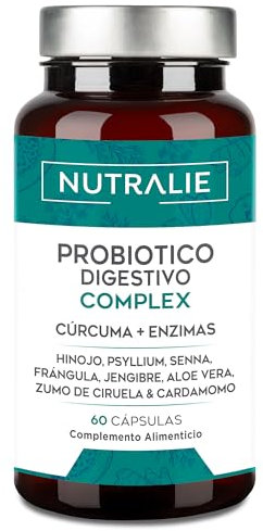 Probiótico Digestivo Complex - Cúrcuma Enzimas - Flora Intestinal Estreñimiento + Ablanda Heces - Para la Hinchazón y Pesadez - 60 cápsulas Digestive Complex - Nutralie