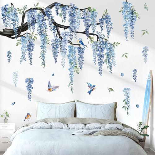 decalmile Adesivi Murali XXL Ramo di Albero Fiori Blu Adesivi da Parete Uccelli sul Ramo Fiori Foglie di Vite Acquerello Decorazione Murale Camerette Bambini Soggiorno Camere Ragazze
