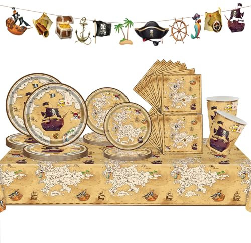 70Pc Pirate Party Tableware Set,Pirate Treasure Hunt Theme Banner with Pirate Napkins Paper Plates Cups and Pirate Game Tablecloth,Pirate Halloween Dinnerware Kit for Boys Girls Halloween Party Décor