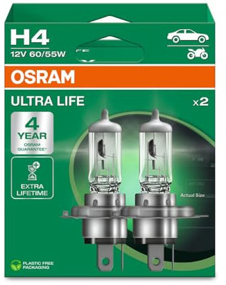 OSRAM ULTRA LIFE, H4, lampes de phares halogènes, boîte pliante suspendue (2 lampes), white
